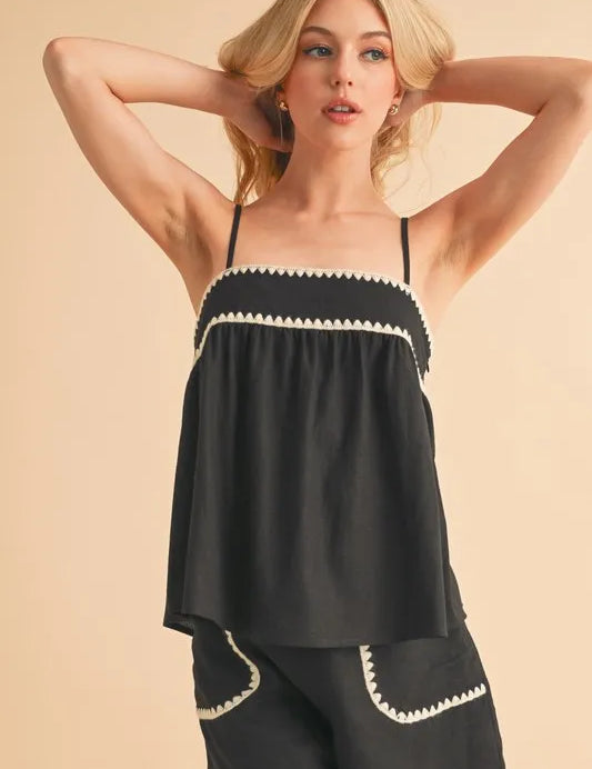 BLACK Aemi+Co Bali Rickrack Trim Cami | Daverri Fashions