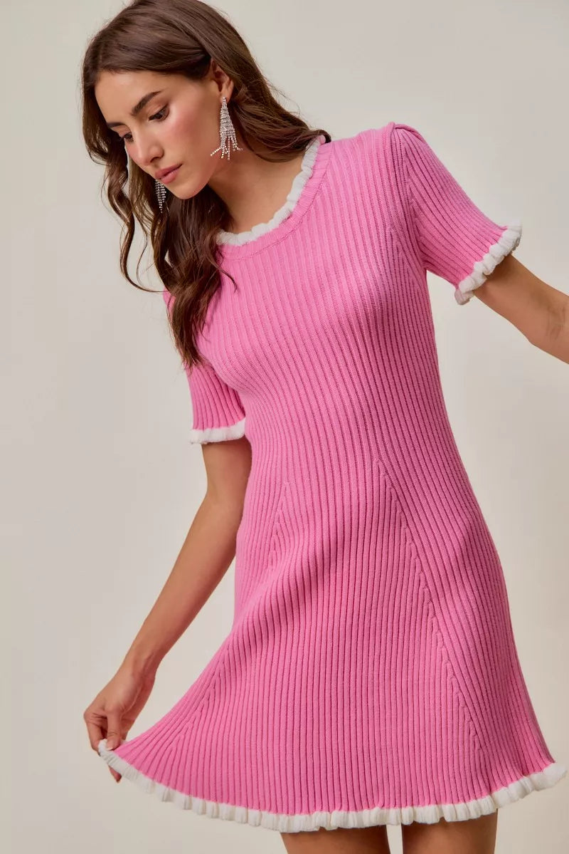 SO ME contrast ruffled sweater knit mini dress in vibrant pink with frayed trim
