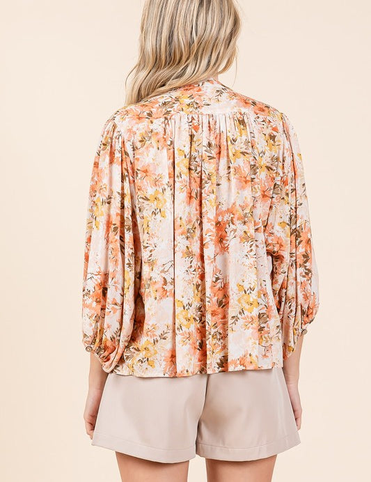 Mittoshop Flower Print Batwing Sleeve Button Down Blouse