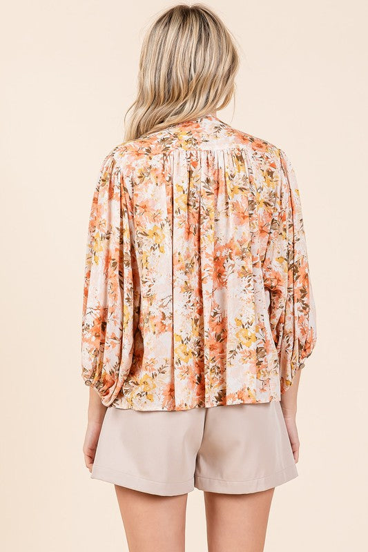 Mittoshop Flower Print Batwing Sleeve Button Down Blouse