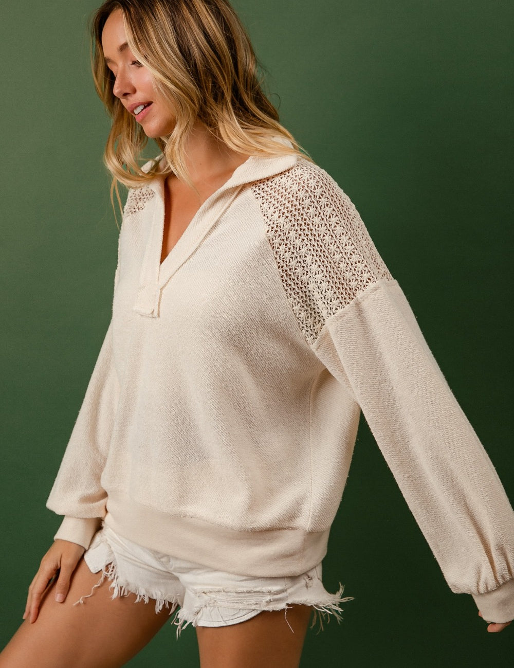 BiBi French Terry Lace Shoulder Top