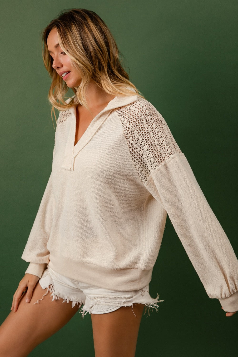 BiBi French Terry Lace Shoulder Top Tops