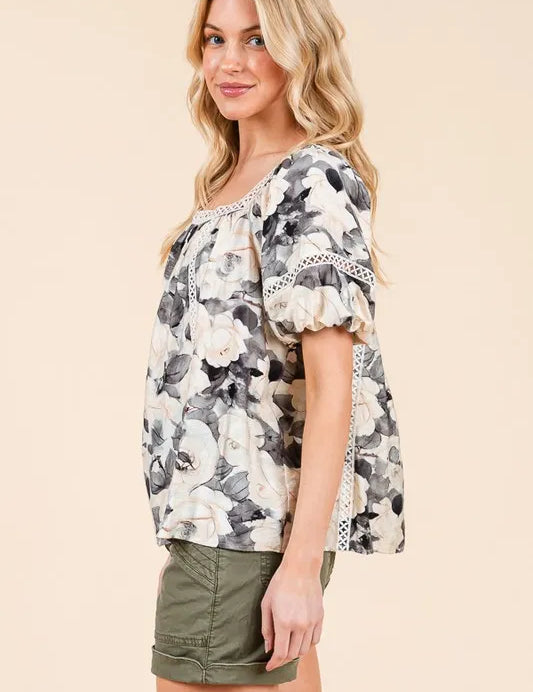 Lime 'N' Chili Floral Print Lace Trim Puff Sleeve Blouse | Daverri Fashions