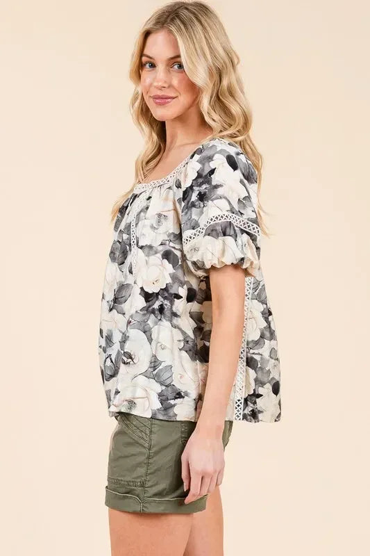 Lime 'N' Chili Floral Print Lace Trim Puff Sleeve Blouse - DAVERRI FASHIONS