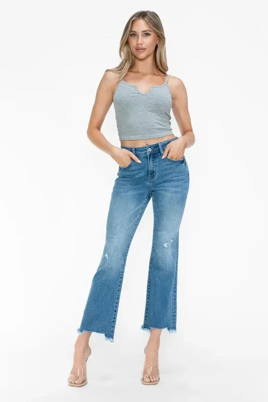 bytos Raw Hem Distressed Mid Rise Crop Jeans - DAVERRI FASHIONS