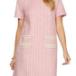 She + Sky Pink Short Sleeve Pearl Studded Trim Knit Tweed Dress Blush Pink Mini Dresses