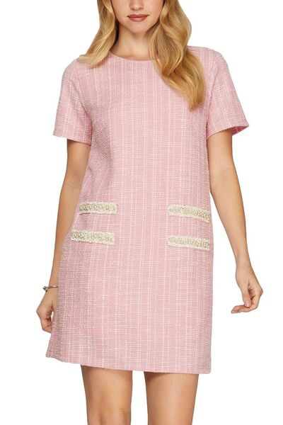 She + Sky Pink Short Sleeve Pearl Studded Trim Knit Tweed Dress Blush Pink Mini Dresses