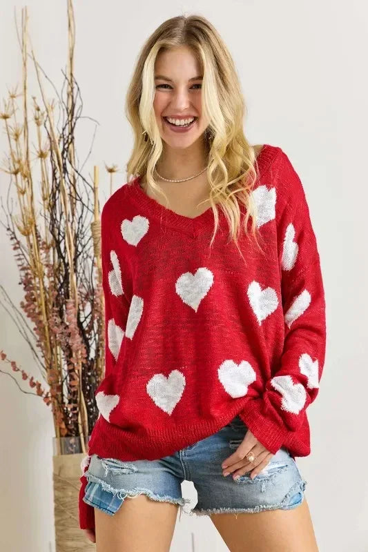 ADORA Plus Size Heart V-Neck Knit Top - DAVERRI FASHIONS