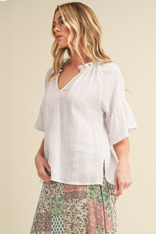 Aemi + Co Side Slit Notched Ruffled Half Sleeve Blouse