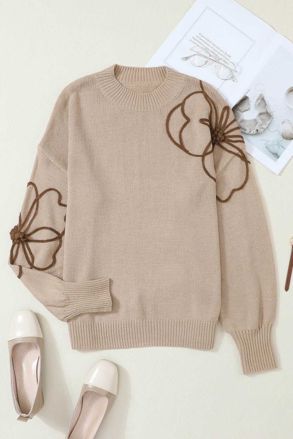 Dust Storm Floral Round Neck Drop Shoulder Sweater | Sweaters Daverri Fashions
