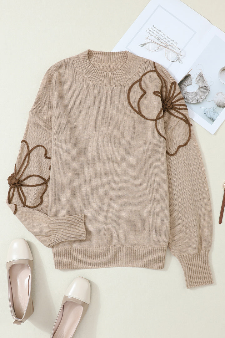 Dust Storm Floral Round Neck Drop Shoulder Sweater | Sweaters Daverri Fashions