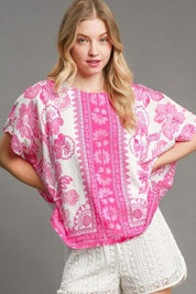 Umgee Full Size Floral Border Print Oversized Top Hot Pink Tops