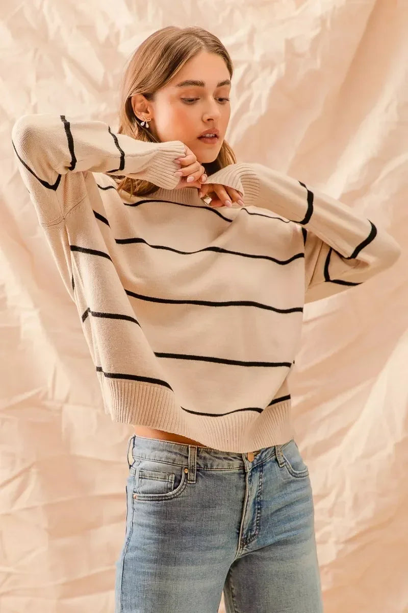 SO ME Stripe Crew Neck Basic Essential Sweater - DAVERRI FASHIONS