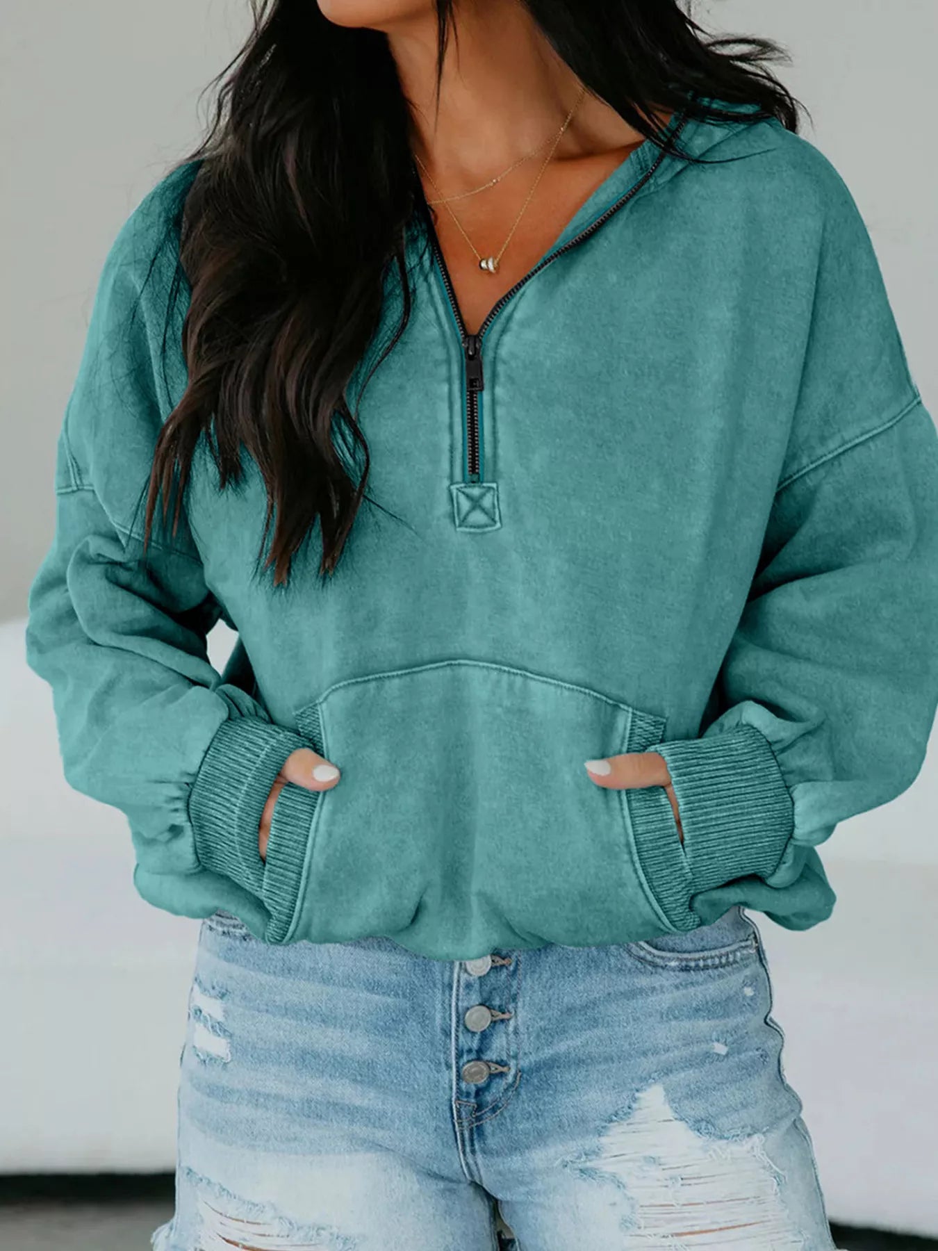 Teal mineral wash womens half zip baggy hoodie with kangaroo pocket