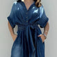 Daverri Fashions button-front wide-leg denim jumpsuit with short sleeves and tied waistband