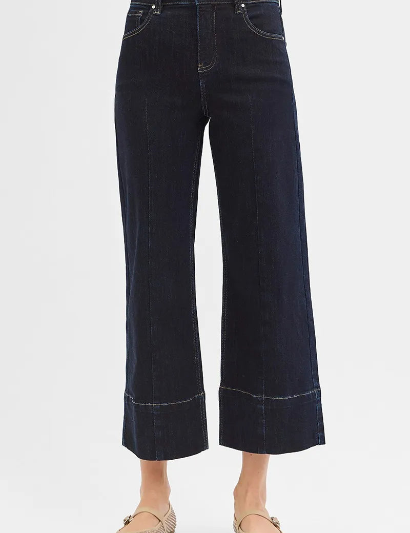 SOLID DARK 15 RISEN Tummy Control High Rise Crop Wide Seam Detailed Jeans | Jeans Daverri Fashions