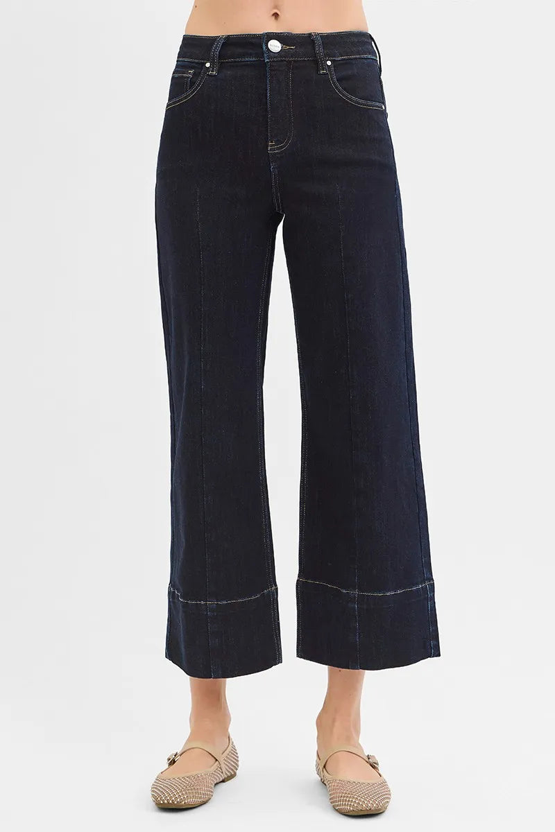 RISEN Tummy Control High Rise Crop Wide Seam Detailed Jeans SOLID DARK Jeans