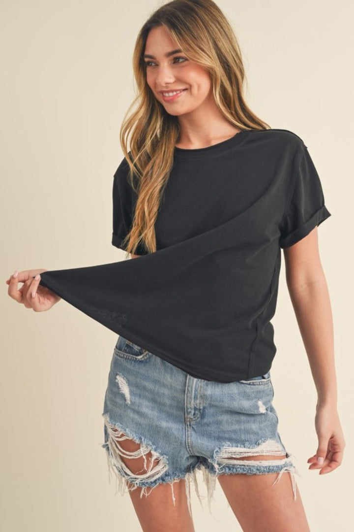 Aemi + Co Exposed Seam Round Neck Short Sleeve T-Shirt T-Shirts