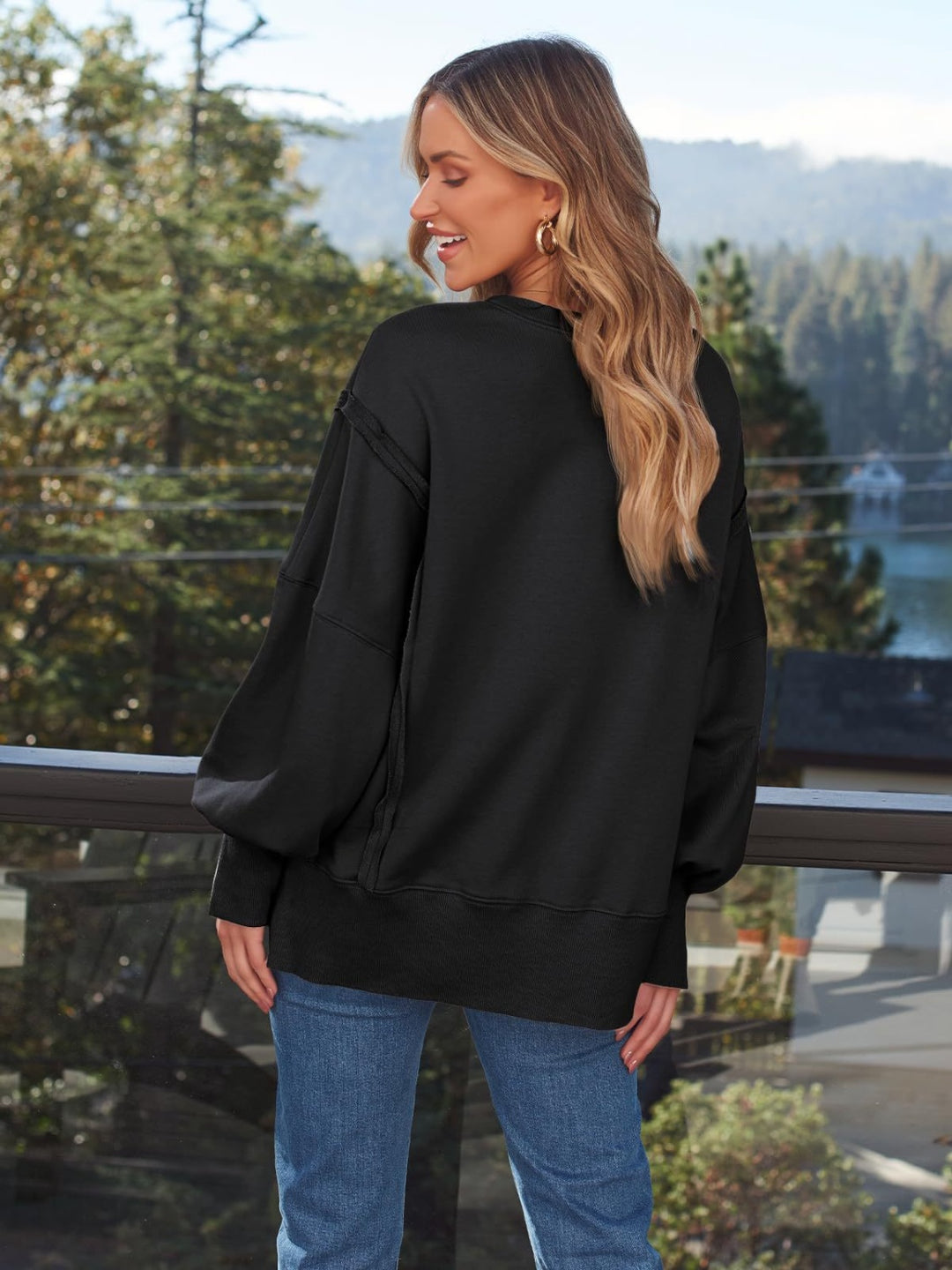 Slit Round Neck Long Sleeve Sweatshirt Tops