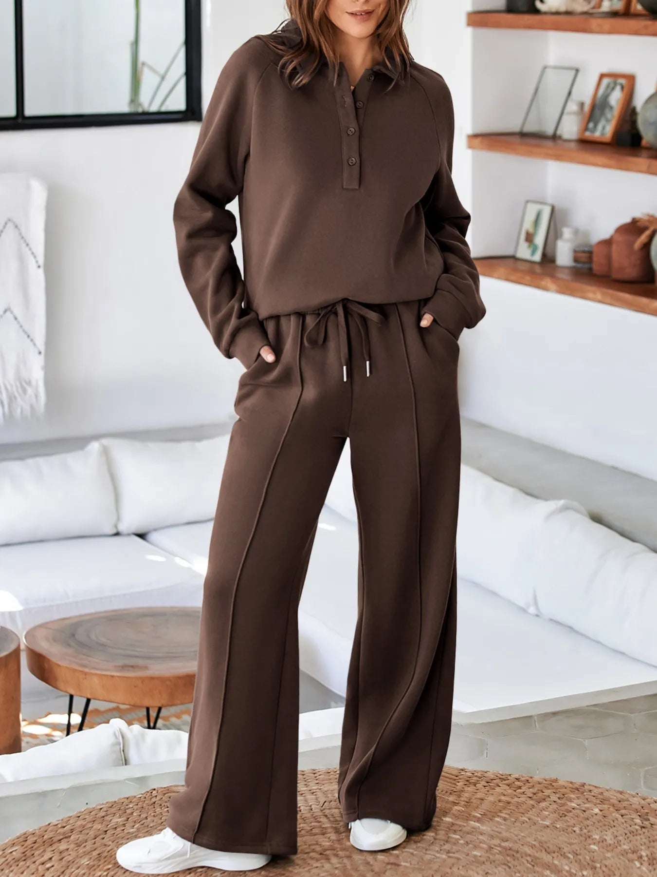 Collared Sweatshirt and High Waist Pants Active Set | Daverri Fashions