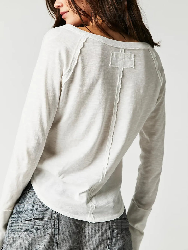 Exposed Seam Notched Long Sleeve T-Shirt | T-Shirts Daverri Fashions