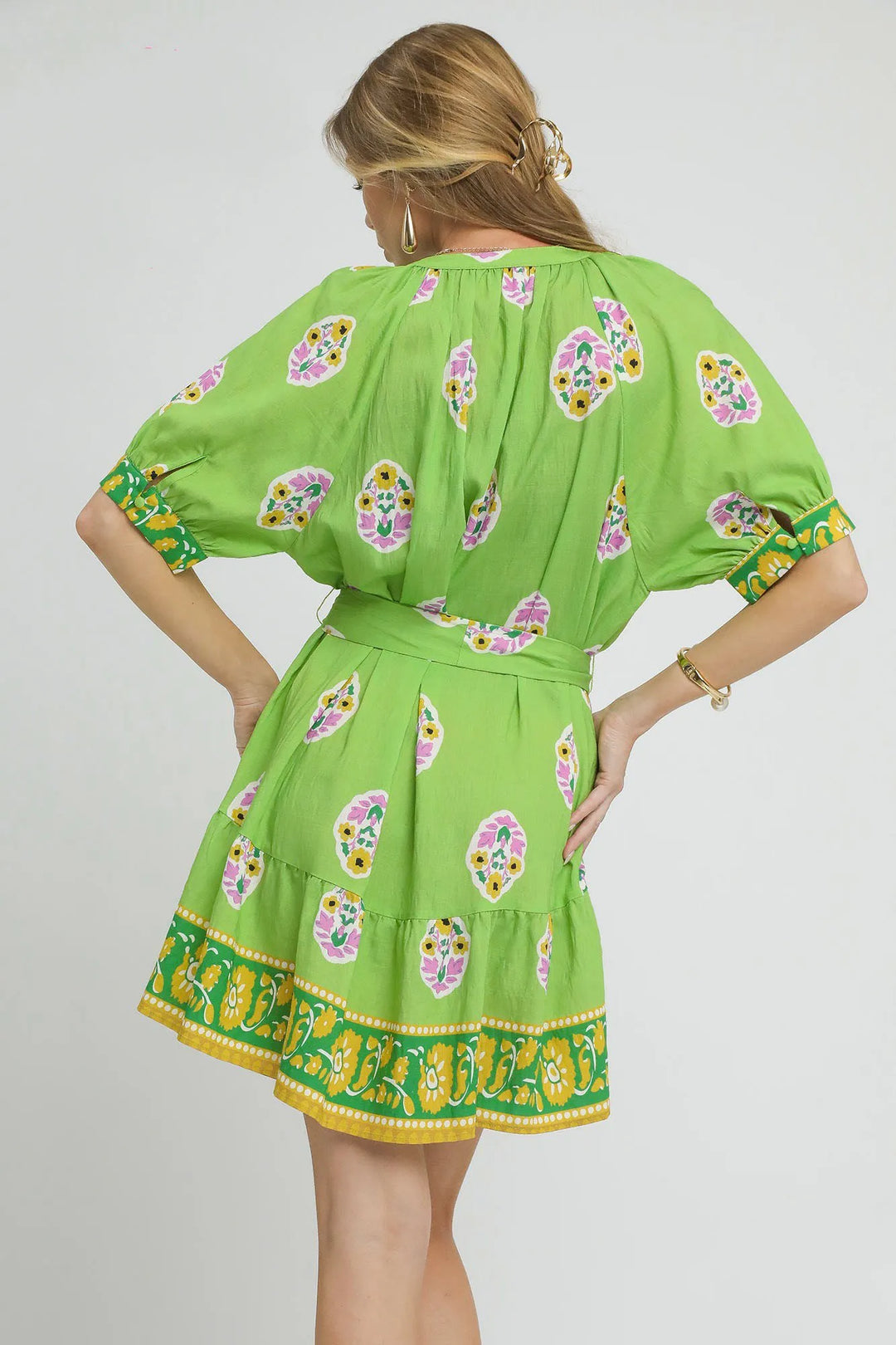 Umgee Floral Print Tie Waist Short Sleeve Dress Mini Dresses
