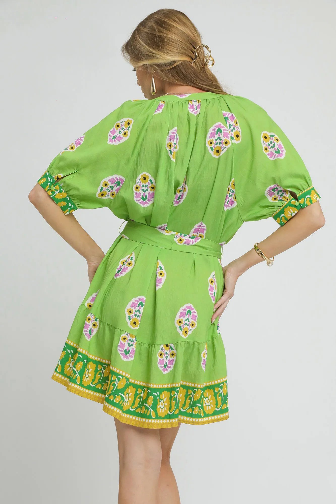 Umgee Floral Print Tie Waist Short Sleeve Dress Mini Dresses