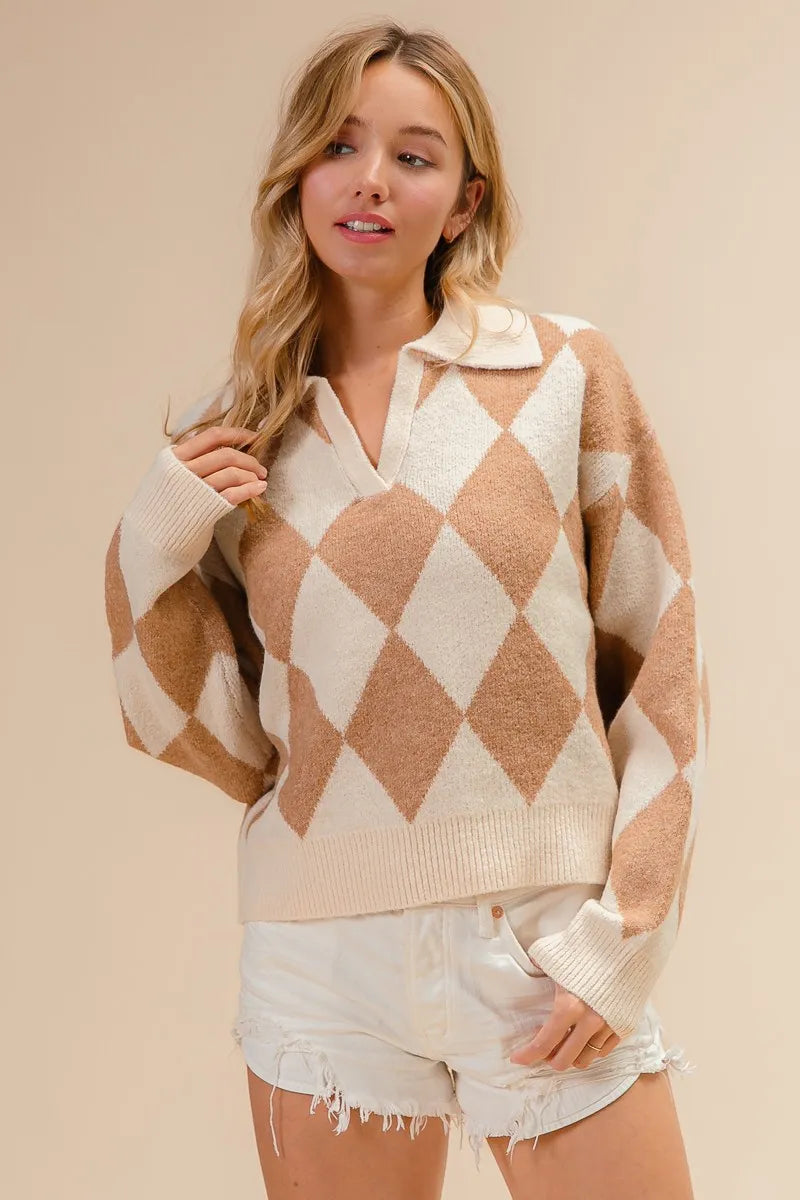 BiBi Diamond Pattern Collared Notch Neck Sweater Sweaters
