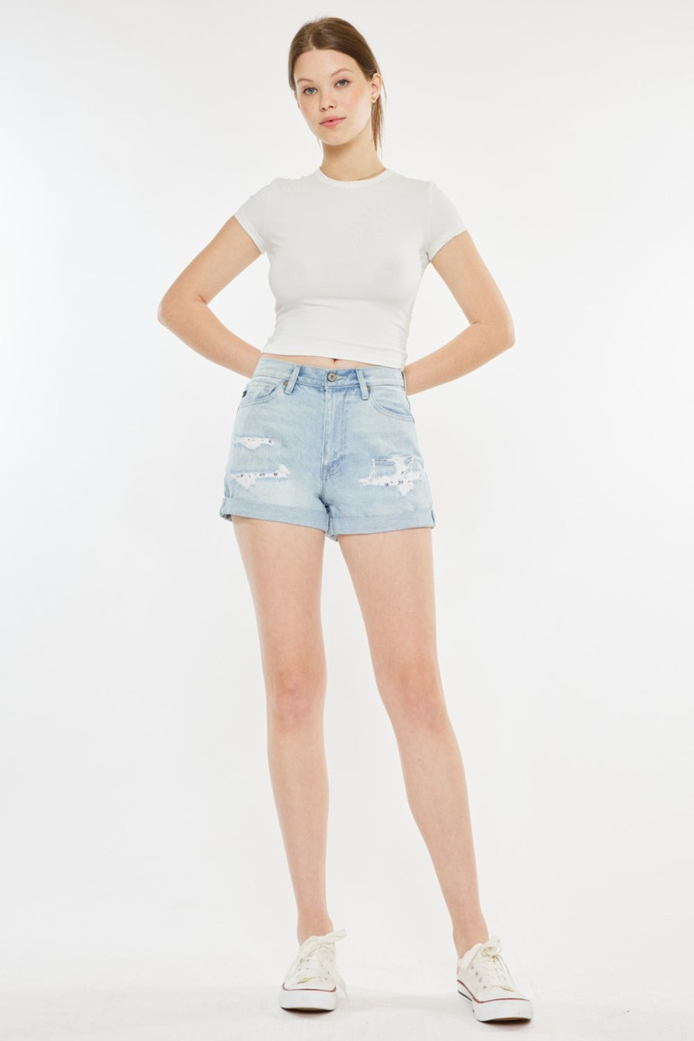 Kancan High Rise Repaired Mom Denim Shorts Light Denim Shorts