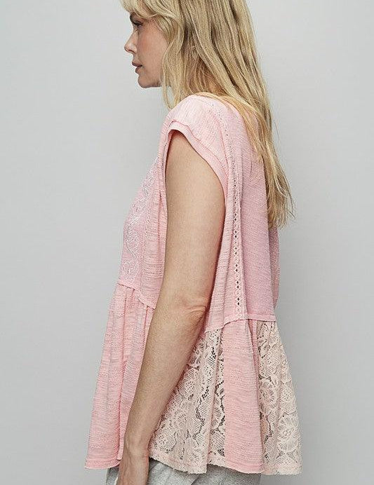 POL Embroidered Detail Boat Neck Cap Sleeve Lace Blouse | Blouses Daverri Fashions