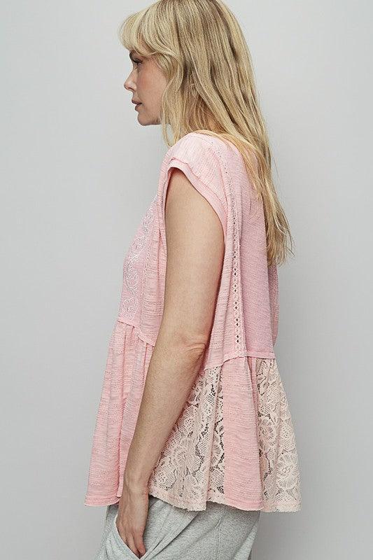 POL Embroidered Detail Boat Neck Cap Sleeve Lace Blouse - DAVERRI FASHIONS