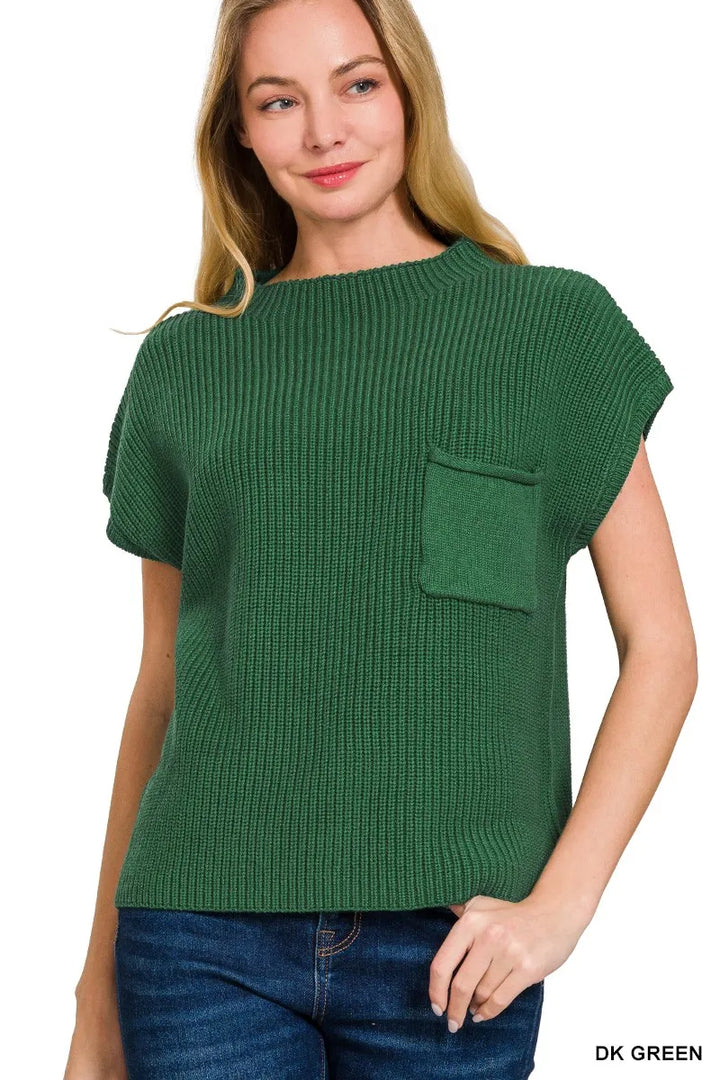 Zenana Mock Neck Short Sleeve Sweater DK GREEN Sweaters