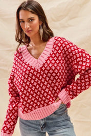 SO ME Color Block Textured Christmas Sweater V Neck Top | Sweaters Daverri Fashions