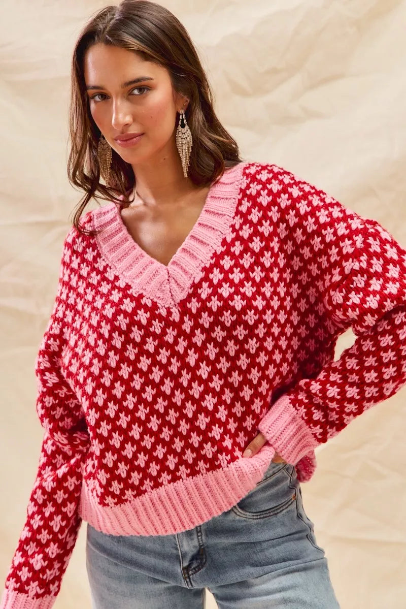 SO ME Color Block Textured Christmas Sweater V Neck Top | Sweaters Daverri Fashions
