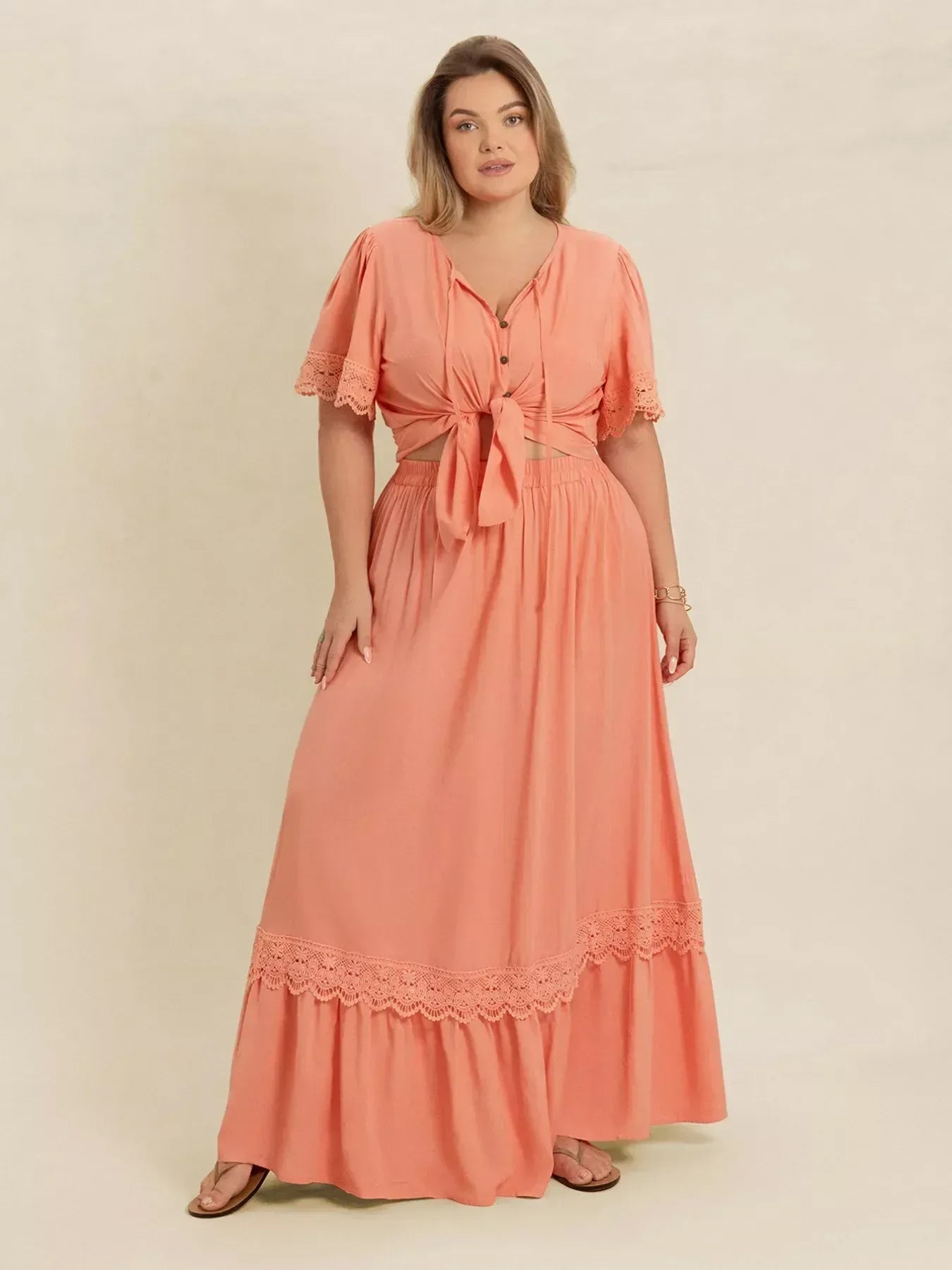 Plus Size Lace Detail Tie Neck Top and Skirt Set - DAVERRI FASHIONS