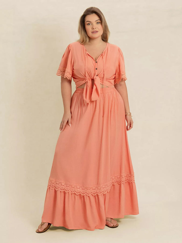Plus Size Lace Detail Tie Neck Top and Skirt Set | Outfit Sets Daverri Fashions