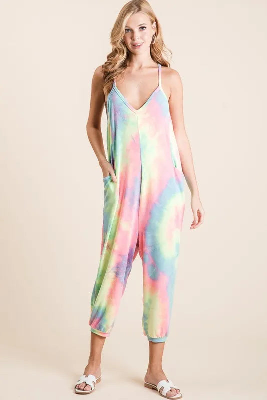 BiBi Tie Dye French Terry Mid-Length Casual Jumpsuit Jumpsuits