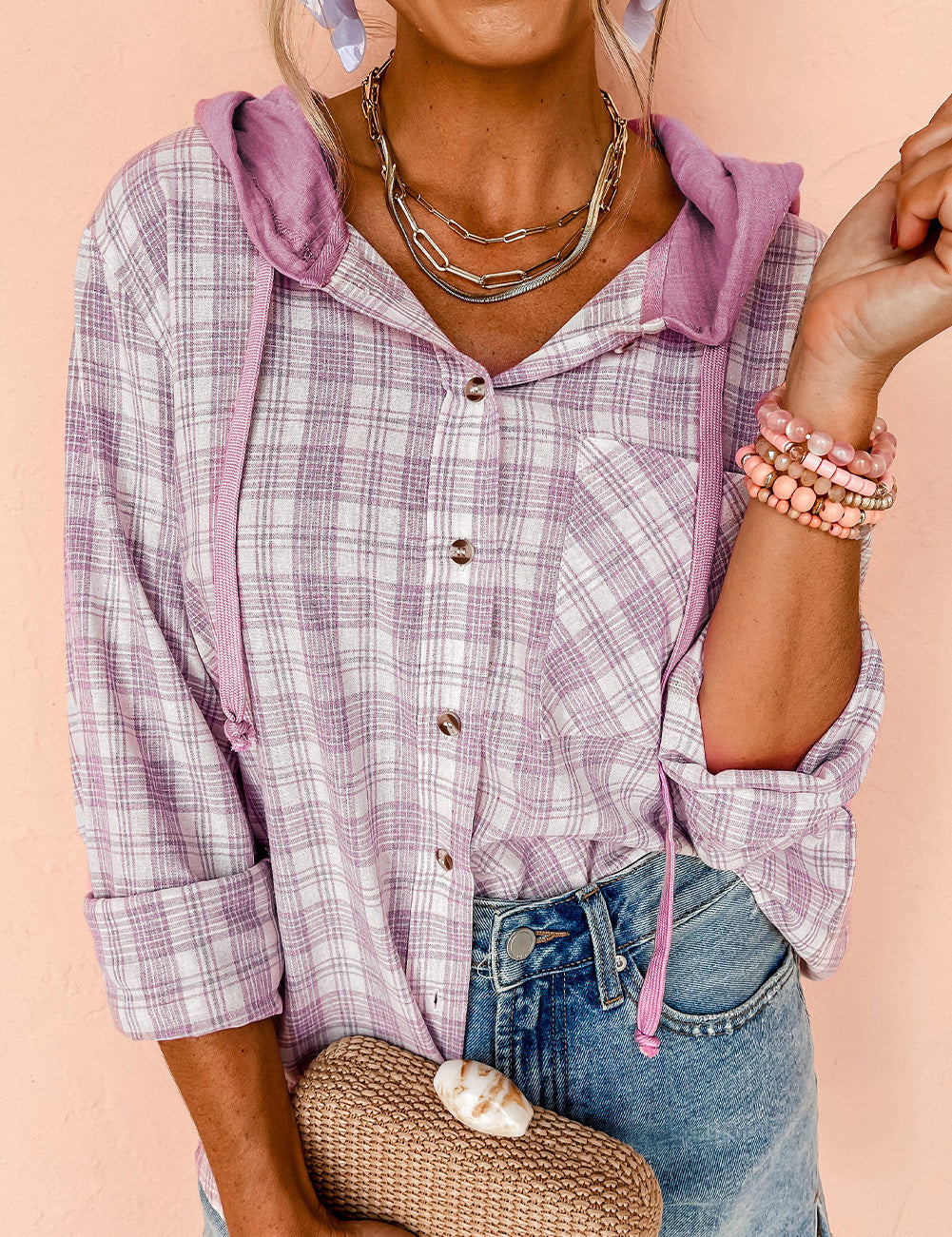 Pink 65%Polyester+35%Cotton Pink Checkered Print Loose Fit Buttoned Hooded Shacket | Shackets Daverri Fashions