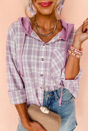Pink 65%Polyester+35%Cotton Pink Checkered Print Loose Fit Buttoned Hooded Shacket | Shackets Daverri Fashions