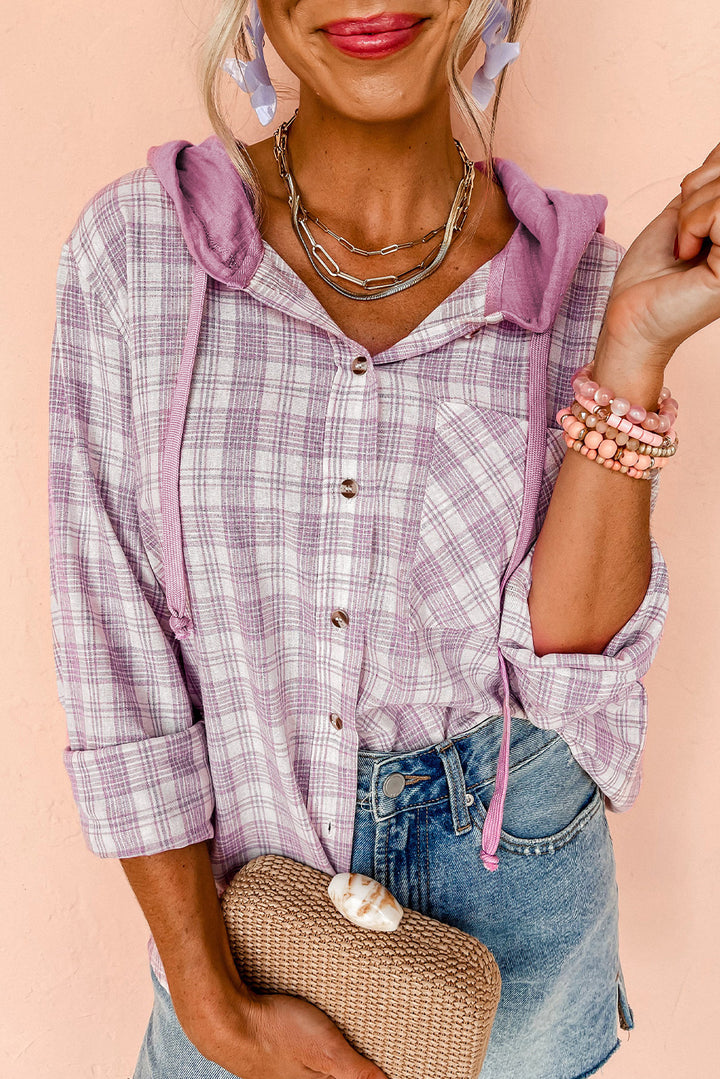 Pink 65%Polyester+35%Cotton Pink Checkered Print Loose Fit Buttoned Hooded Shacket | Shackets Daverri Fashions