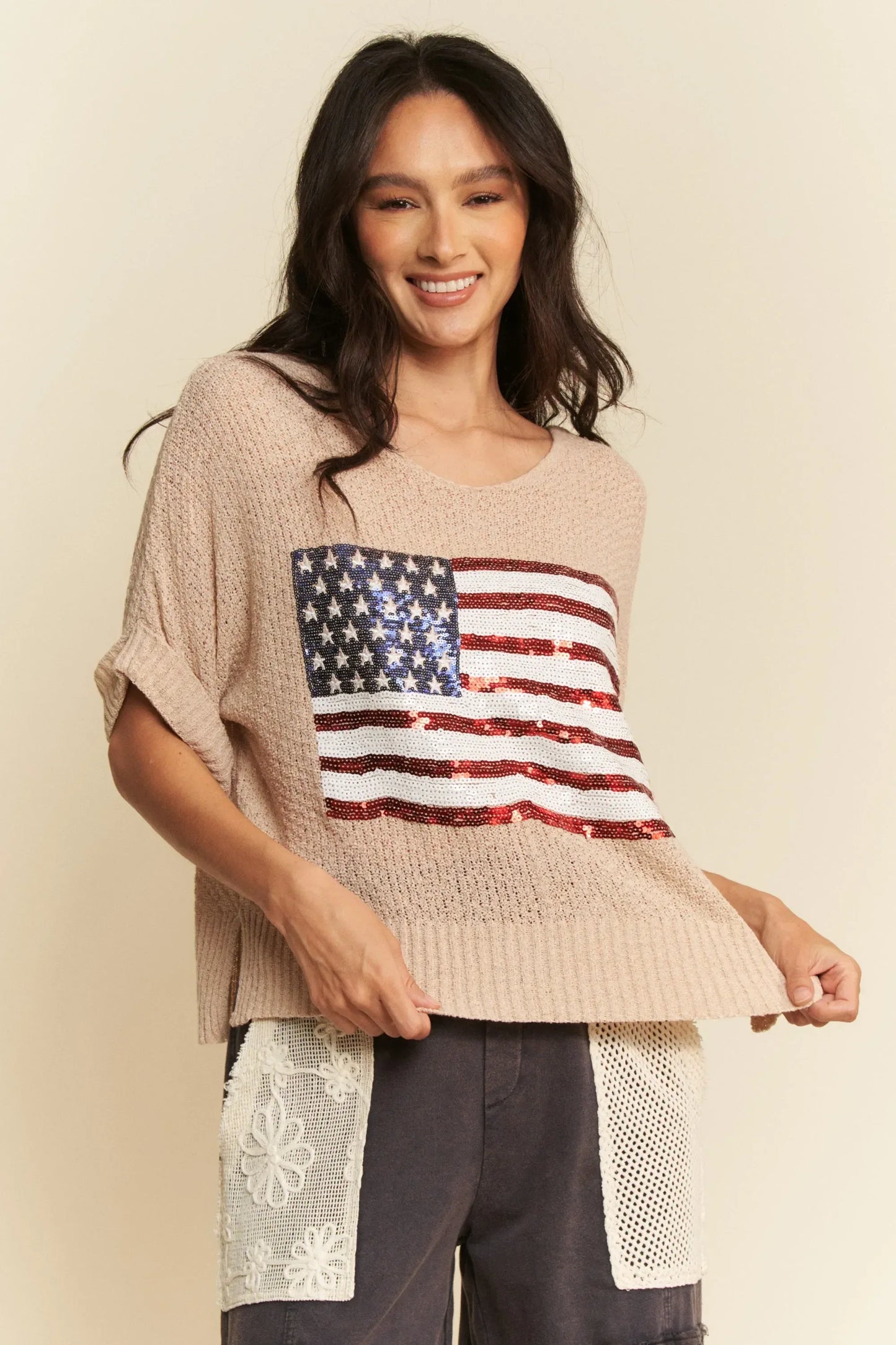 Davi & Dani Sequin American Flag Patch Short Sleeve Knit Top - DAVERRI FASHIONS