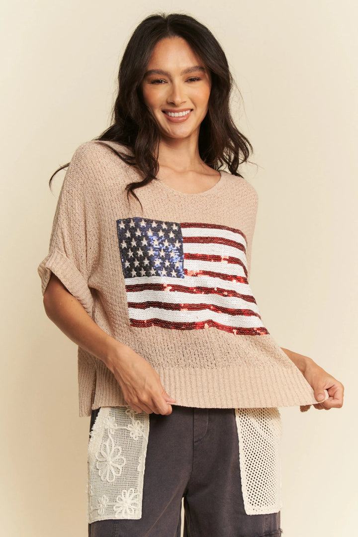 Davi & Dani Sequin American Flag Patch Short Sleeve Knit Top Tops