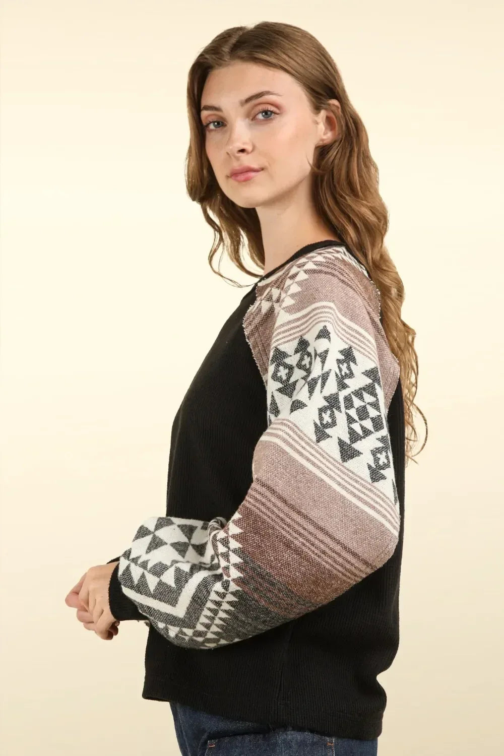 VERY J Printed Long Sleeve Round Neck Knit Top - DAVERRI FASHIONS