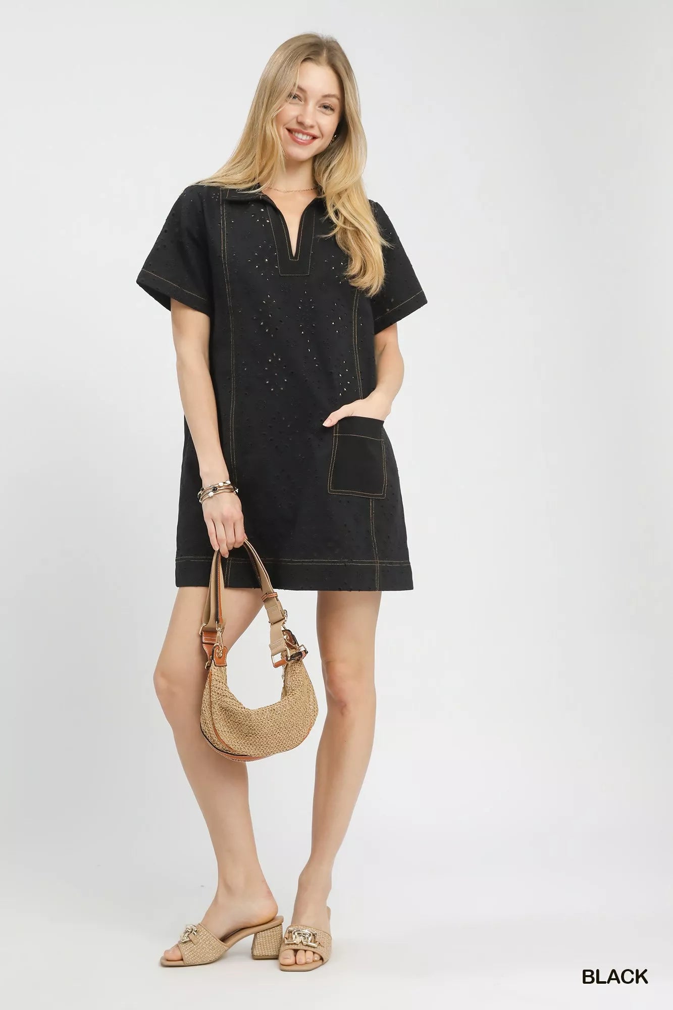 Black Umgee eyelet short-sleeve shift dress with pocket