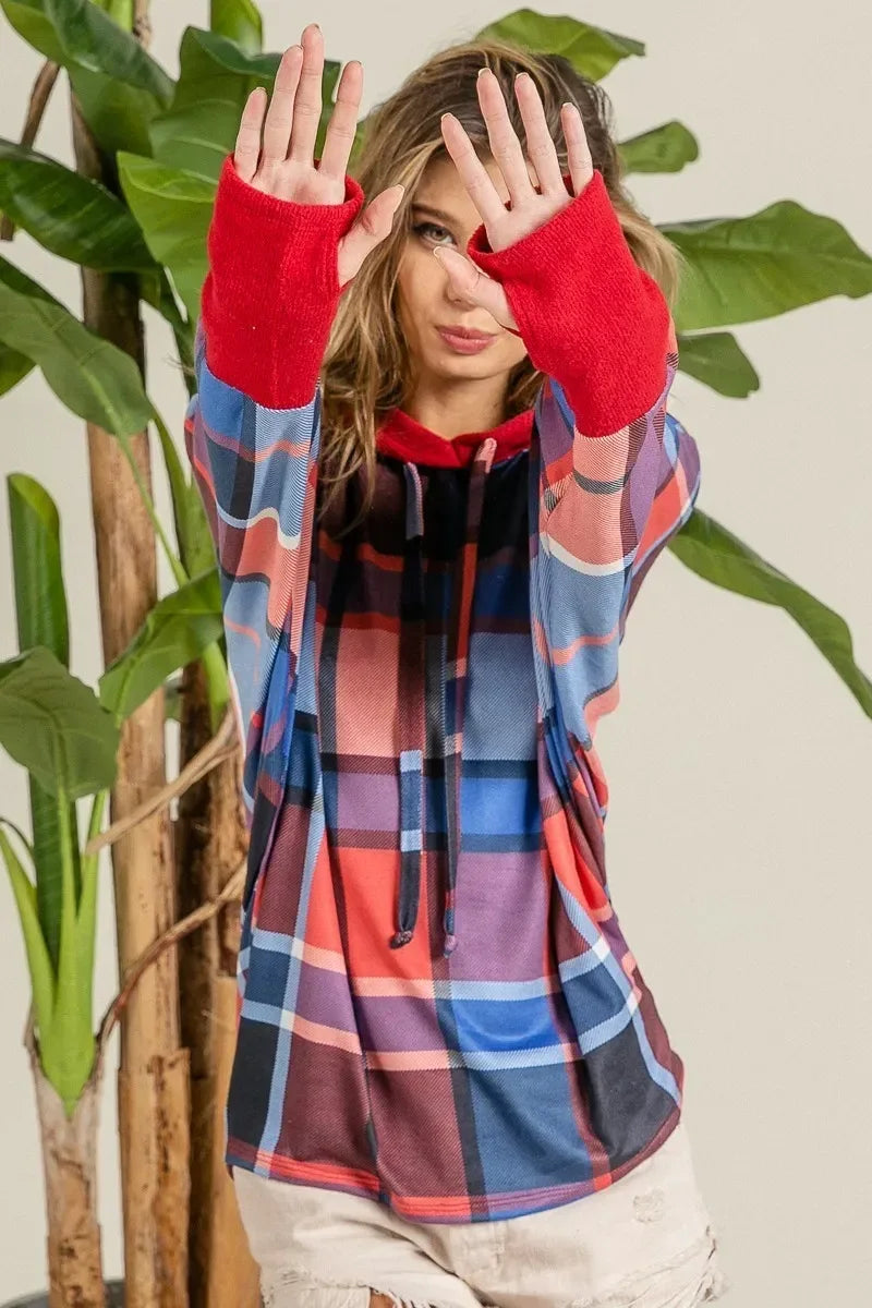 BiBi Plaid Mirr Brushed Rib Contrast Thumb Open Hoodie - DAVERRI FASHIONS
