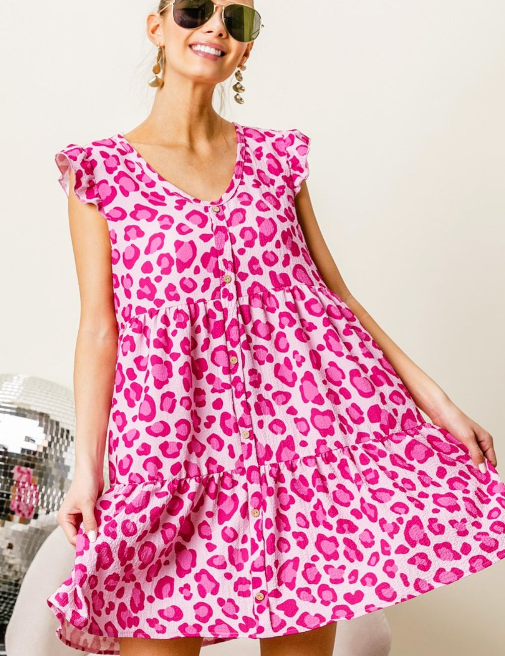 BiBi Leopard Cap Sleeve Tiered Mini Dress Pink Fuchsia Mini Dresses