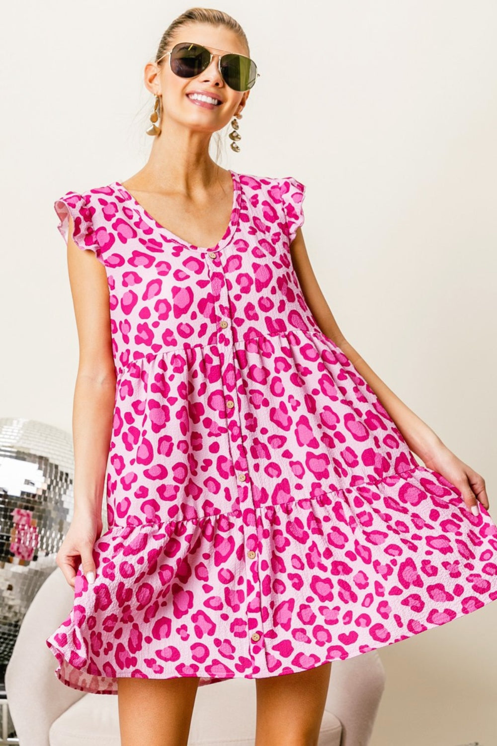 BiBi Leopard Cap Sleeve Tiered Mini Dress Pink Fuchsia Mini Dresses