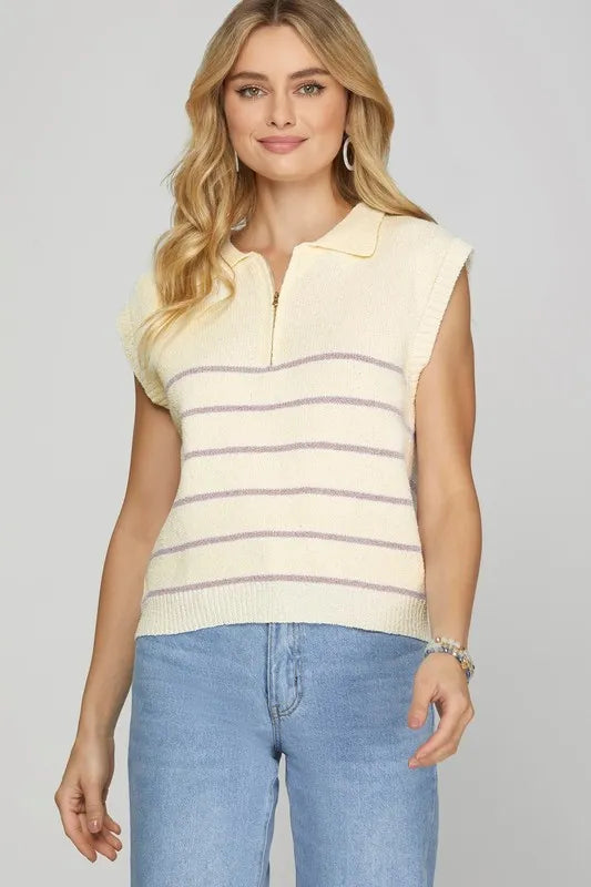 Cream-colored She + Sky ribbed hem striped half zip sweater vest