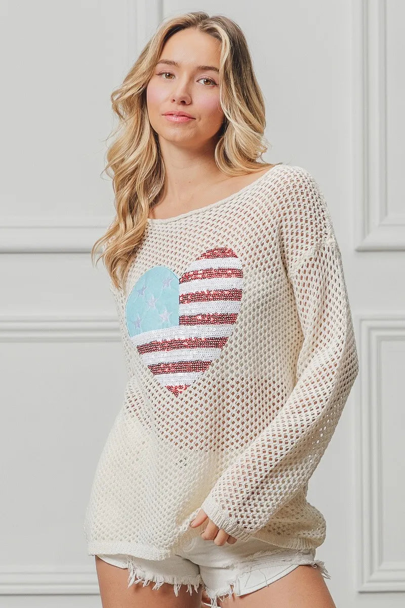 BiBi Sequin American Flag Heart Knit Cover-Up Cover-Ups
