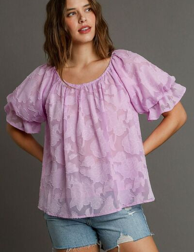 Umgee Full Size Jacquard Round Neck Ruffled Puff Sleeve Blouse Plus Size Pink Purple Tops